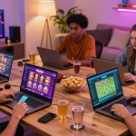 Friends enjoying online gaming experience on OPEN88 with diverse devices in a lively setting.