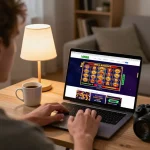 Player experiencing live dealer games and slots on VK88 casino platform from a cozy home setup.