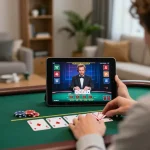 Player engaging with aa88i live dealer blackjack on tablet in stylish home setting.