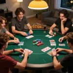 A group of friends enjoying a competitive home poker game with nego77 style, vibrant chips and community cards creating excitement.