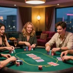 Friends enjoying an exciting poker game in a stylish home casino, featuring AA88 COM vibes.