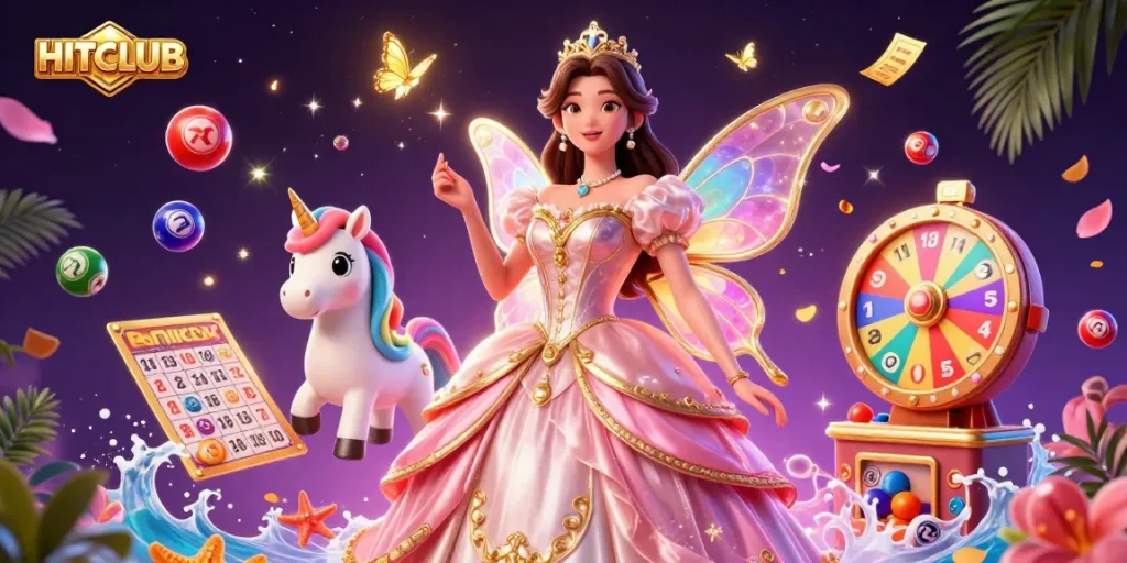 Experience the excitement at HITCLUB with vibrant lottery elements and magical characters.