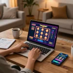 Engaged user enjoying online gaming at home with n188vip on laptop, showcasing a relaxed atmosphere.