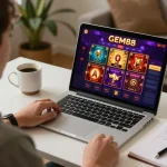 GEM88 player engaging with online casino interface from home setup, showcasing vibrant game graphics.