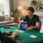 Engaged gamer utilizing mantra88 app on tablet during home poker night, showcasing strategic gameplay.