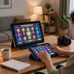Nego77 player engaged in online slot game on tablet with strategy notes nearby.