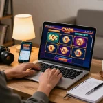 Engaging online gaming at cm88 with a player using a laptop and smartphone for live betting.