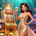 S8 casino experience with a glamorous woman toasting next to a massive jackpot slot machine.