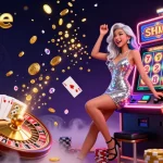 Socolive features a stunning woman celebrating near a jackpot slot machine, surrounded by dynamic casino elements.