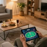 Engaging in online gaming with PERI11 platform on tablet in a cozy home setting