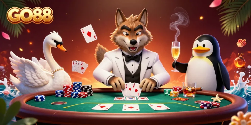 Experience thrilling gaming at GO88 with rich visuals of poker and baccarat in a vibrant casino.