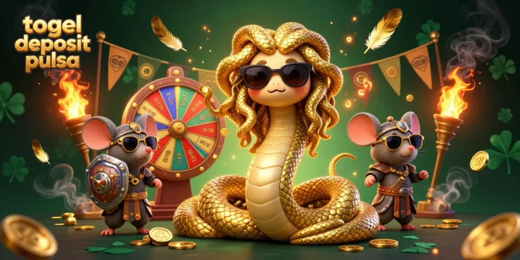 Engage with the vibrant togel deposit pulsa scene featuring animated characters and a colorful lottery wheel.