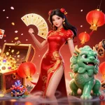 Engage with LUCKY88 in this vibrant 3D depiction of gaming excitement featuring a lucky woman and jade lion guardian.