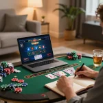 Luck8 player analyzing strategy while gaming online at home with inviting atmosphere