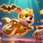 Win big with 11BET – a vibrant scene of a superhero dog and hamster amidst gold coins and casino elements.
