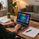 Engaging in online poker strategies with Hubet, showcasing a stylish home office setup.