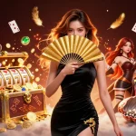 Engage in thrilling games at jun88, featuring a captivating Asian woman surrounded by glimmering casino elements.
