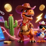 Engage with 33Win in a colorful casino scene featuring animated characters and crypto elements.