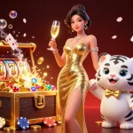 Experience the thrill of O8 with glamorous characters and jackpot-themed elements in a vibrant casino setting.
