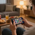 Engaging in situs slot gaming at home on a smartphone with vibrant symbols