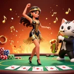 XINSLOT showcases a vibrant scene with a flapper dancer and saxophone cat amidst colorful poker elements.