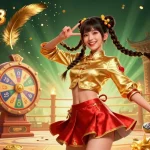 KONG88 brings vibrant fun with a lively Asian woman celebrating winnings amidst spinning prize wheels and lottery balls.