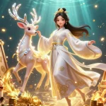 Engage with gacor200's mesmerizing slots featuring a beautiful Asian woman amidst golden tokens and vibrant symbols.