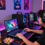 Link vào sunwin showcased in an engaging online gaming environment with a player and vibrant setup.