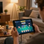 Engaging online gaming scene on VA88 platform with player enjoying poker at home