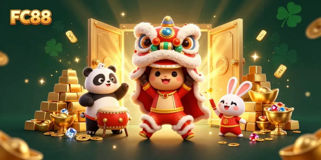 Experience the excitement of FC88 with a vibrant 3D illustration featuring animated characters amidst golden treasures and casino symbols.