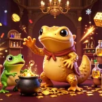 Experience the thrilling world of BJ888 Casino with vibrant 3D illustration featuring golden coins, slot machines, and magical characters.