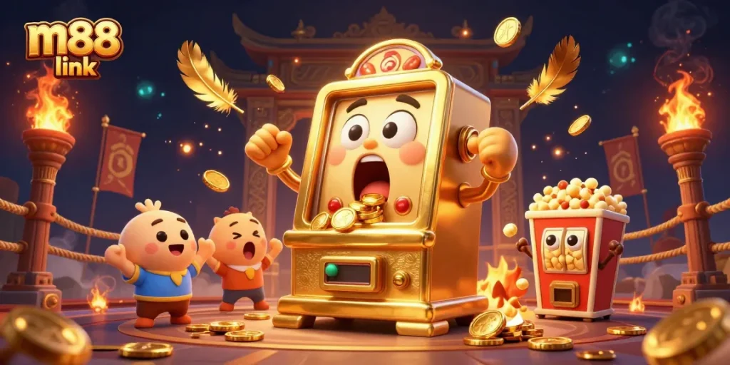 Win big at m88 link with a vibrant scene of a golden slot machine celebrating a jackpot victory.