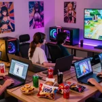 Engaged players enjoying hentai game sessions in a cozy gaming room with snacks and vibrant lighting.