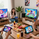Players enjoying interactive hentai games in a cozy setting with devices.