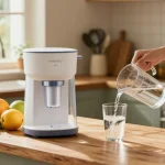 Waterdrop Gravity-fed Water Filter System providing fresh filtered water in a cozy kitchen filled with healthy ingredients.