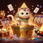 Cendanatoto showcases an Egyptian mummy cat and scarab beetle in a vibrant casino scene filled with slot game elements.
