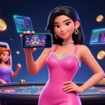 Experience pragmatic slot games with a stylish Asian woman showcasing live dealer action on her smartphone.