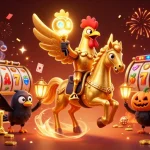 BOM88 showcases thrilling casino fun with a golden rooster, treasure, and vibrant gaming elements in a stunning 3D scene.
