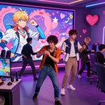 Engaging scene of players experiencing a gay ecchi game with colorful graphics and diverse characters in an animated setting.