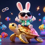 Engage with togel online in this vibrant 3D illustration featuring a lucky rabbit and a golden sea turtle.