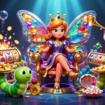 Engage with slot mahjong 777 featuring a vibrant scene of a colorful butterfly queen and treasures.
