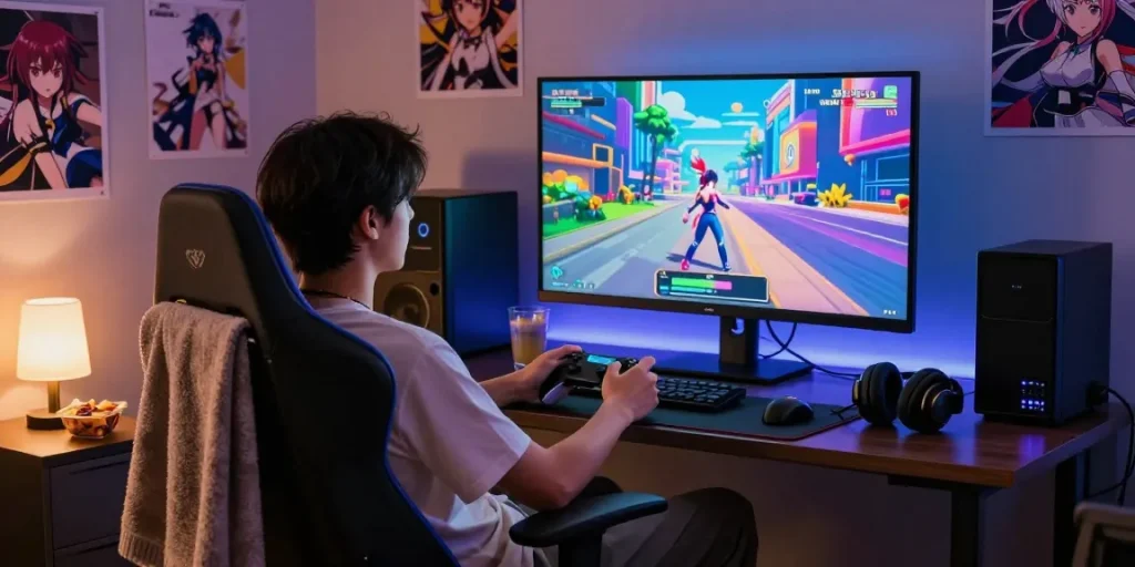 Engaging gaming scene featuring ecchi game characters in an immersive home setup.