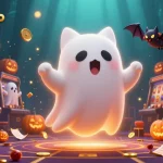 Engage in situs toto gaming with a friendly ghost cat and bat in a haunted casino scene.