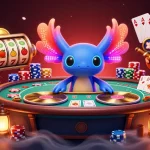 Slot gacor dengan karakter kartun neon DJ dan udang menari di kasino digital.