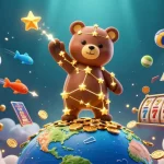 Spin the 888r slot reels while a constellation bear scoops coins amid vibrant casino action.