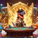 Experience nonton film gratis at the animated casino scene, featuring a velociraptor card counter and a stegosaurus pit boss.