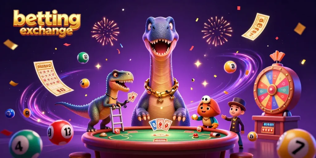 Engage with the vibrant betting exchange scene featuring animated characters amidst colorful gaming elements.
