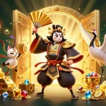 Experience thrilling togel online action with kabuki warrior and kitsune in a vibrant 3D scene.