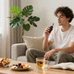 Legal vaping age in Cyprus, showcasing a wellness lifestyle with vape device, herbal tea, and healthy snacks in a bright living room.