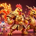 Experience thrilling gameplay at DN88 with an armored rooster warrior, dragon hatchling, and vibrant casino elements.